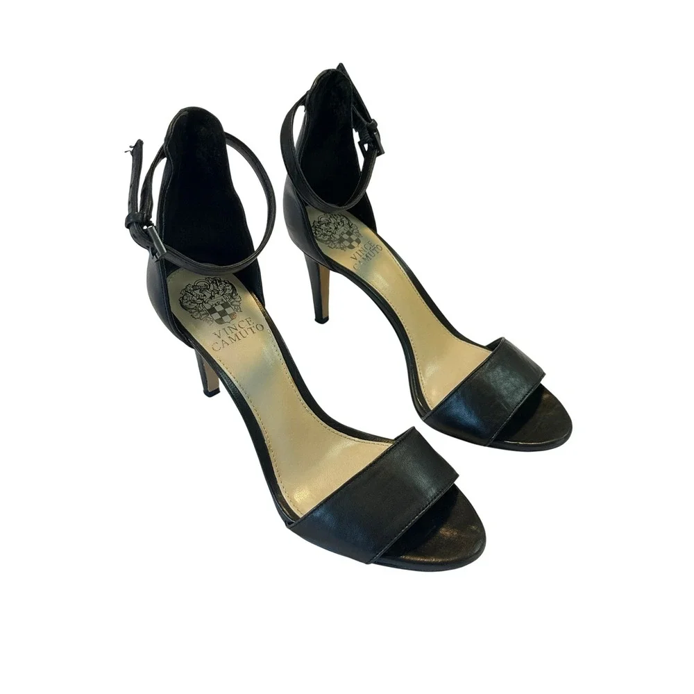 Vince Camuto Black Leather Ankle Strap Stiletto Heels Open Toe Womens 7M 37